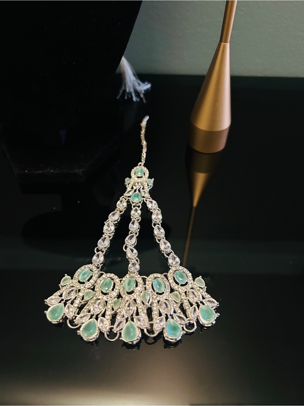 Silver-plated American Diamond Necklace with Earrings and Tikka set - Picture 5 of 6